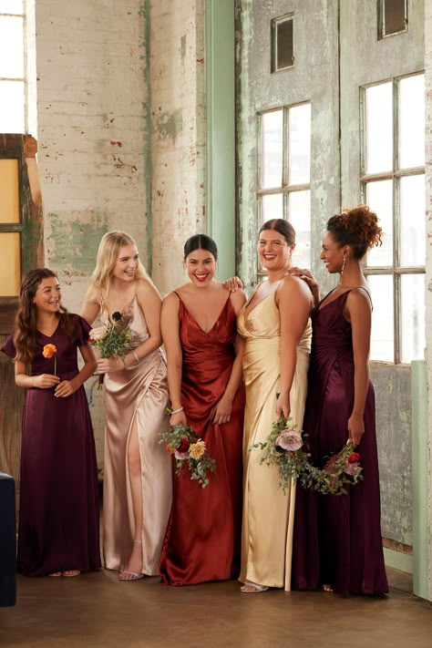 Mismatched galina signature bridesmaid dresses for bridesmaids and junior bridesmaids in red, pink and gold tones. Cherry Bridesmaid Dresses, Vintage Mismatched Bridesmaid Dresses, Gem Tones Bridesmaid Dresses, Autumn Bridesmaid Dresses Mismatched, Color Coordinated Bridesmaid Dresses, Gem Colored Bridesmaid Dresses, Regal Bridesmaid Dresses, Mix And Match Fall Bridesmaid Dresses, Rustic Fall Wedding Ideas Autumn October Bridesmaid Dresses