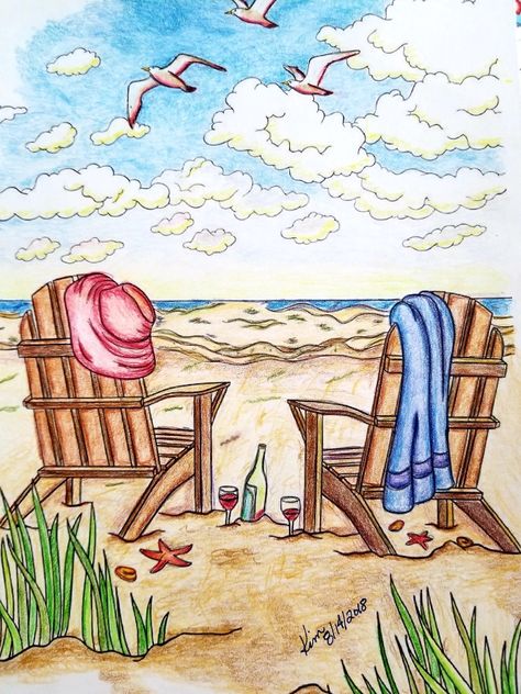 Creative Haven Summer Scenes by Teresa Goodridge  C D'A Pablo, FC Polychromos and Prismacolor Premiere colored pencils.  8/14/2018 Summer Scenes To Paint, Summer Scenes Beach, Colored Pencil Simple Art, Beach Seen Drawing, Summer Drawing Ideas The Beach, Beach Scene Drawing Pencil, Cute Beach Drawings, Nature Scene Drawing, Summer Day Drawing