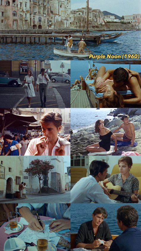 Vintage French Movie Aesthetic, 60s Film Aesthetic, Purple Noon Movie Aesthetic, Purple Film Photography, Old French Movies Aesthetic, Old Movie Recommendations, 60s Cinematography, Purple Noon Alain Delon, 60s Movies Aesthetic