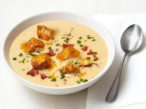 Get Apple-Cheddar Soup With Bacon Recipe from Food Network Cheesy Croutons, Apple Cheddar, Soup With Bacon, Bacon Recipe, Food Network Magazine, Cheddar Soup, Creamy Potato, Soup And Stew, Bacon Cheddar