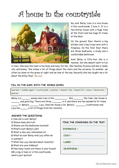 Easy reading - A house in the countr…: English ESL worksheets pdf & doc My House Worksheet, Reading Vocabulary Activities, House Worksheet, English Language Activities, English Language Learning Activities, House In The Countryside, Esl Reading Comprehension, Basic English Grammar Book, Esl Reading