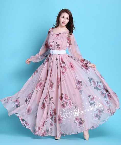 110 Colors Chiffon Pink Floral Flowber Autumn Long Sleeve | Etsy Bridesmaid Maxi Skirt, Maternity Photo Dresses, Vestidos Para Baby Shower, Pink Chiffon Dress, Trendy Party Dresses, Dress Sleeves, 파티 드레스, Maxi Rok, Long Gown Dress