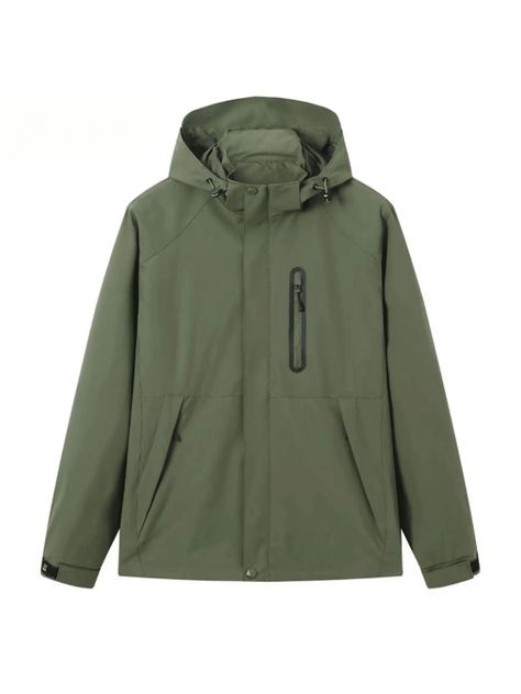 Solid Color Hooded Long Sleeve Outdoor Windproof Waterproof Fleece Jacket, Autumn Winter Army Green   Long Sleeve Woven Fabric Plain Fleece jacket Non-Stretch  Men Outdoor Apparel, size features are:Bust: ,Length: ,Sleeve Length: Army Jacket, Green Long Sleeve, Outdoor Men, Waterproof Jacket, Soft Shell Jacket, Fashion Korean, Shell Jacket, Outdoor Apparel, Mens Fitness