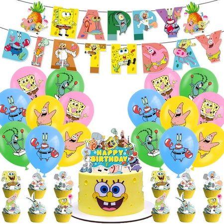 Spongebob Cartoon Theme Birthday Party Decorate Supplies Set for Boys and GirlsInclude Happy Birthday Banner, Cake Topper, Cupecake Toppers, Latex Balloons Color: Multicolor. Girl Spongebob Birthday Party, Cartoon Theme Birthday Party, Spongebob Birthday Party Decorations, Birthday Banner Cake Topper, Spongebob Cartoon, Spongebob Birthday Party, Spongebob Party, Spongebob Birthday, Cartoon Theme