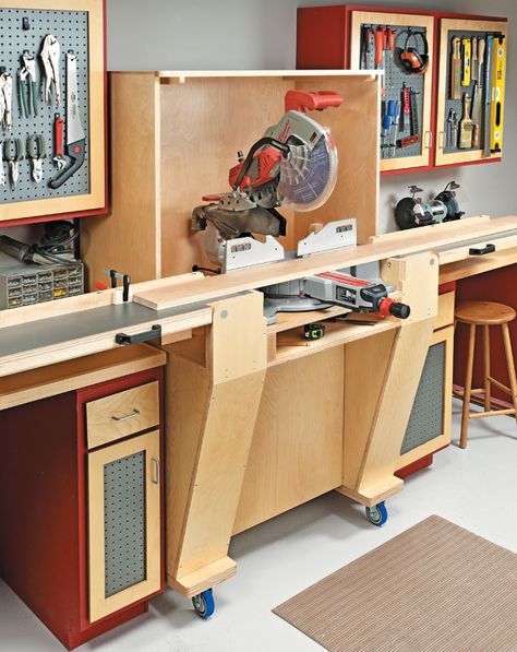 Woodsmith Plans, Mitre Saw Station, Workbench Plans, Woodworking Workbench, Workshop Organization, Woodworking Workshop, Shop Storage, Miter Saw, Woodworking Bench