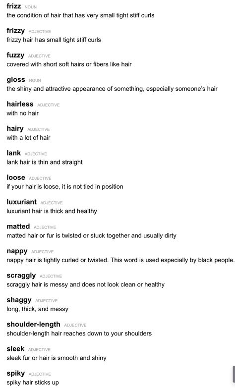 How To Describe Hair Length, How To Describe Curly Hair Writing, How To Describe Black Hair In Writing, Describe Hair Writing, Ways To Describe Black Hair, How To Describe Blue Eyes, Ways To Describe Kissing, Words To Describe Body Type, How To Describe Hair In Writing