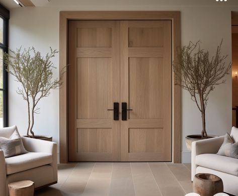 Cool Toned House, Oak Double Doors, Wooden Double Doors Interior, Farm House Double Doors, White Oak Bedroom Doors, Living Room Double Door Design, Lake House Interior Doors, Primary Bedroom Double Doors, Wooden Doors White Trim