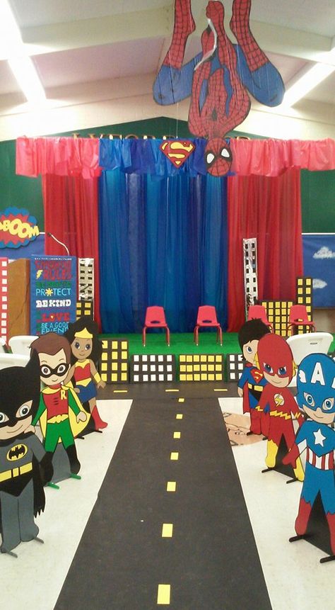 Superhero Theme Decorations, Super Hero Back Drop, Vbs Superhero Theme Decorations, Superhero Graduation Theme, Superhero Vbs Crafts, Hero Hotline Vbs Decorations, Superhero Vbs Decorations, Super Hero Vbs, Superhero Decorations Diy