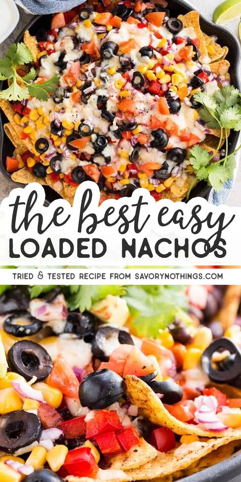 This loaded vegetarian nacho recipe has it all: The best Southwestern/Mexican flavors from black beans in chili sauce, cheese, olives, corn, tomatoes, sweet peppers and cilantro! They are quick and easy to make, baked in a skillet in the oven, full of healthy vegetables and great to feed a crowd at summer parties, on football sunday or for super bowl. Serve with a light dip and some fresh avocado! #appetizer #footballfood #fingerfood #nachos #texmex #vegetarian #nachorecipe Southwestern Vegetarian Recipes, Nachos Without Meat, Black Bean Nachos Recipe, Loaded Veggie Nachos, Meatless Nachos Recipe Easy, Vegetarian Nachos Recipe Easy, Loaded Nachos Recipe Vegetarian, Nachos No Meat, Vegetable Nachos Recipe