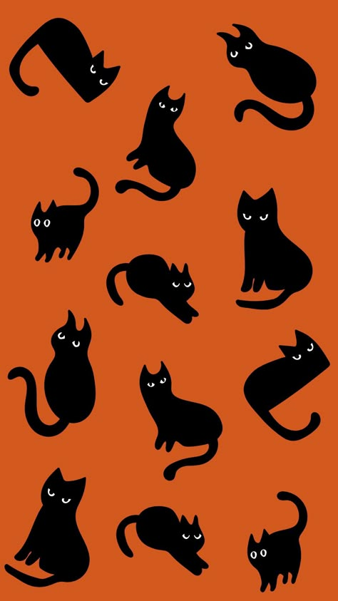 Cute black cats on a orange background. Free download wallpaper for Halloween. Cute Cat Halloween Wallpaper, Halloween Tablet Wallpaper, Halloween Pattern Illustration, Halloween Black Cat Wallpaper, Halloween Wallpaper Black Cat, Halloween Home Screen Wallpaper, Halloween Patterns Wallpaper, Spooky Cat Wallpaper, Black Cat Halloween Wallpaper