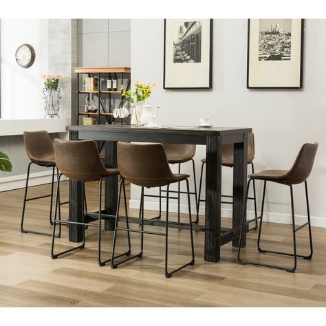 Joss & Main 7 - Piece Bar Height Rubberwood Solid Wood Dining Set & Reviews | Wayfair Black Wood Dining Table, High Top Table, Wood Table Bases, Pub Table Sets, Solid Wood Dining Set, 7 Piece Dining Set, Kitchen Dining Sets, Counter Height Dining Sets, Solid Wood Table