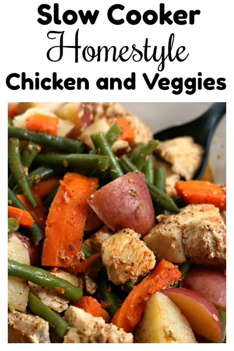 Slow Cooker Homestyle Chicken and Vegetables–well seasoned chicken, green beans, red potatoes and carrots are all cooked together in your slow cooker. A true one pot meal that is family friendly, tastes amazing and is so easy to put together. #slowcooker #crockpot #onepotmeal Instant Pot Chicken And Sweet Potatoes, Pressure Cooker Chicken And Vegetables, Instapot Chicken Potatoes Carrots, Instapot Chicken And Veggies, Chicken Carrots Potatoes Instant Pot, Instant Pot Chicken Potatoes And Carrots, Instapot Chicken And Vegetables, Chicken And Veggies Instant Pot, Ip Chicken