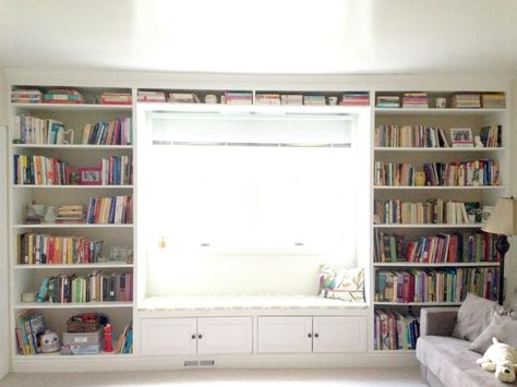 Learn how a beginner DIYer can build this floor-to-ceiling bookshelf! The bookcase unit has a window seat and cabinets below, offering tons and storage and organization. You won't believe the before picture. #diy Bedroom Window Seat, Diy Window Seat, Built In Window Seat, Billy Ikea, Floor To Ceiling Bookshelves, Kids Bedroom Remodel, Library Wall, Wall Bookshelves, Small Space Diy