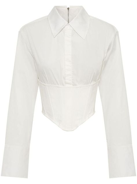 cropped corset-style shirt from DION LEE featuring white, cotton blend, corset style, classic collar, front button fastening, long sleeves, buttoned cuffs, curved hem and cropped. Wool Cape Coat, Corset Shirt, Dion Lee, Hem Style, Corset Style, Cotton Tank Top, Leather Mini Skirts, Style Classic, Shirt White