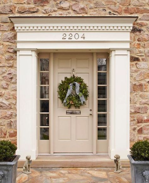 Feng Shui of Front Doors in Beige and Sandy Colors Beige Door Exterior, Dentil Moulding Exterior Front Doors, Front Door Traditional Home, Dentil Molding Exterior, Traditional Front Door Ideas, Front Door Pediment, House Entrance Ideas Entryway Exterior, Beige House Front Door Color, Beige Front Door