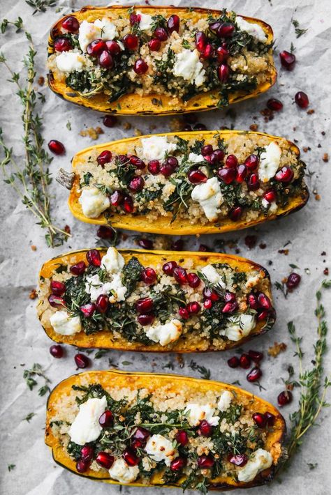 Quinoa Stuffed Delicata Squash With Kale | Walder Wellness, Dietitian Squash Dinner Ideas, Stuffed Delicata Squash, Squash Dinner, Healthy Whole Food Recipes, Healthy Squash Recipes, Delicata Squash Recipe, Vegetable Side Dishes Healthy, Winter Squash Recipes, Homemade Balsamic Vinaigrette