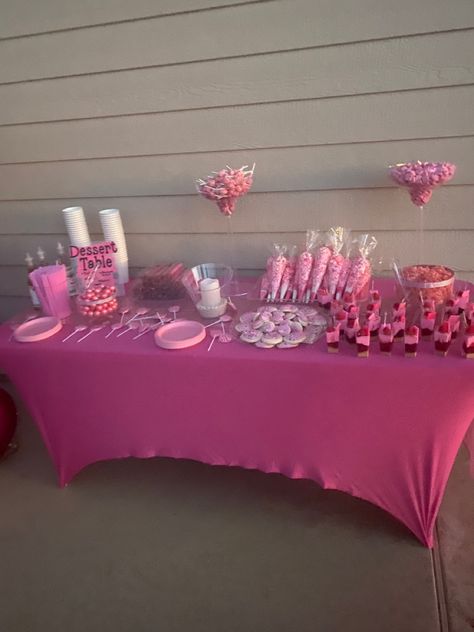 Barbie 21 Birthday Party, Pink Whitney Birthday, Hot Pink Candy Table, Y2k Dessert Table, Pink And White Birthday Party Ideas, Birthday Party Pink Decorations, Barbie Themed Dinner Party, Pink Themed Birthday Party Outfits, Party Food Station Ideas