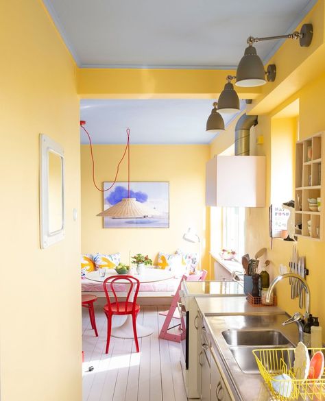 Original cabinets, restored wooden floors, and colors inspired by vast yellow fields and blue skies. This kitchen, curated by… | Instagram Yellow Wall Paint, Yellow Kitchen Paint, Yellow Painted Walls, Yellow Kitchen Walls, Yellow Ceiling, Ceiling Paint, Yellow Fields, Floor Molding, Yellow Interior