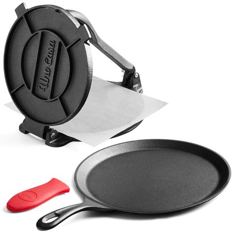 PRICES MAY VARY. 🌮 UNIVERSAL DUO - Easily cook, warm up, & serve tortillas, rotis, chapatis, crepes, omelets, & family favorites at home or camping with this non-stick, heavy-duty cast iron tortilla press & heat-retaining cast iron tortilla pan duo. 🌮 FAMILY SIZE - The 8-in tortilla presser & 10.5-in dosa pan are large-sized to fit more food. Effortlessly press large pancakes, flatbreads, or tortillas, then use the comal pan to cook for your next big party. 🌮 LASTS FOR LIFE - Made of robust & Tortilla Skillet, Pan Tortilla, Tortilla Pan, Tortilla Maker, Dough Press, Flat Pan, Tortilla Warmer, Tortilla Press, Flatbread