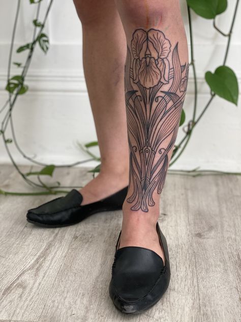 Art Nouveau Floral Tattoo, Art Nouveau Tattoo Design, Scripture Tattoos, Art Deco Tattoo, Lower Leg Tattoos, Art Nouveau Tattoo, Iris Tattoo, Nouveau Tattoo, Bug Tattoo