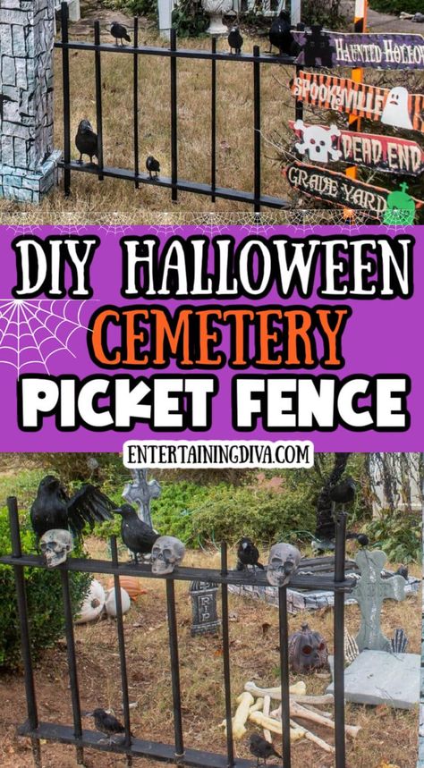 I love this DIY Halloween cemetery picket fence. It's cheap and easy to make, and it looks spooky around my Halloween graveyard. Great outdoor Halloween decor! Pet Cemetery Halloween Decorations, Pet Cemetery Ideas Halloween, Diy Halloween Cemetery, Diy Halloween Fence, Halloween Fence, Halloween Cemetery, Outside Halloween Decorations, Outdoor Halloween Decor, Scary Halloween Decorations Outdoor