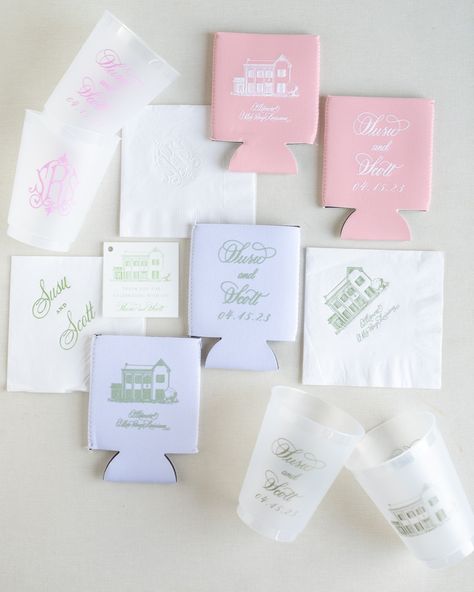 Wedding Cups And Koozies, Wedding Koozie Ideas, Sterling Castle, Pink And Green Wedding, Koozie Design, Fav Products, Wedding Koozies, Jackson Mississippi, Wedding Logo