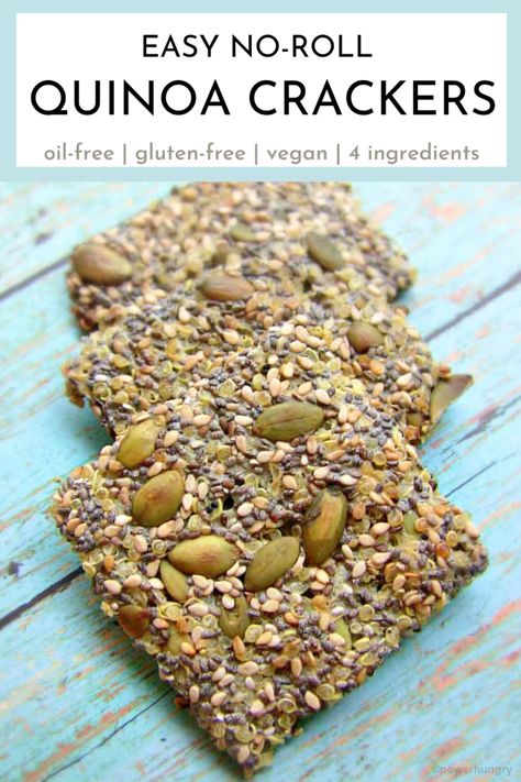 Easy no-roll seeded quinoa crackers that are oil-free, high-protein, vegan, & gluten-free! They are made with 4 ingredients in little time. #highproteincrackers #quinoacrackers #easyproteincrackers, #glutenfree #quinoa #veganglutenfreecrackers #easycrackers #norollcrackers #easycrackers #easyquinoarecipe #easyquinoacrackers #ancientgraincrackers #noroll #oilfreecrackers Seed Crackers Recipe, Healthy Crackers, Seed Crackers, Easy Quinoa, Vegan Pantry, Plats Healthy, Gluten Free Crackers, Homemade Crackers, Vegan Crackers