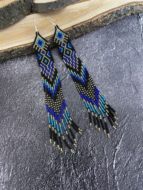 Native Earrings, Blue Beaded Earrings, Gold And Blue, Earring Tutorial, Earrings Drop, Earrings Long, Earrings Boho, Fringe Earrings, Blue Beads