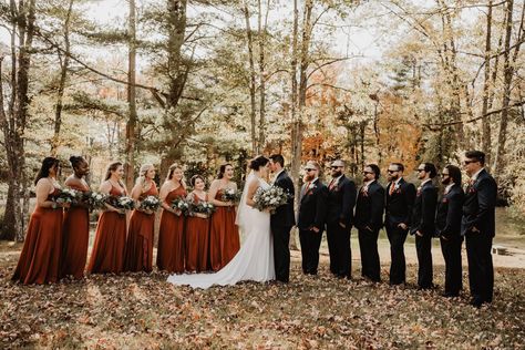 Beautiful fall wedding colors and rust orange bridesmaids dresses, grooms suits at rustic elegant barn wedding venue at allrose farm in new england, New hampshire fall leaves, bridal party photo credit lexi foster Rusty Orange Bridesmaid Dresses Fall Wedding, Black And Rust Groomsmen Attire, Rust Wedding Party Attire, Rust Wedding Party Groomsmen, Rust Orange Bridal Party, Rust Color Groomsmen Attire, Bridal Party Colors Fall, Rust Orange Wedding Party, Fall Wedding Colors Bridal Party