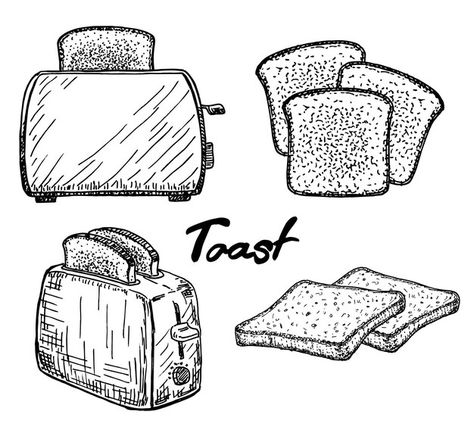 Toaster Sketch, Toaster Drawing, Sandwich Sketch, Toast Drawing, Electric Toaster, Cooking Breakfast, Bread Sandwich, Kitchen Logo, Sandwich Toaster