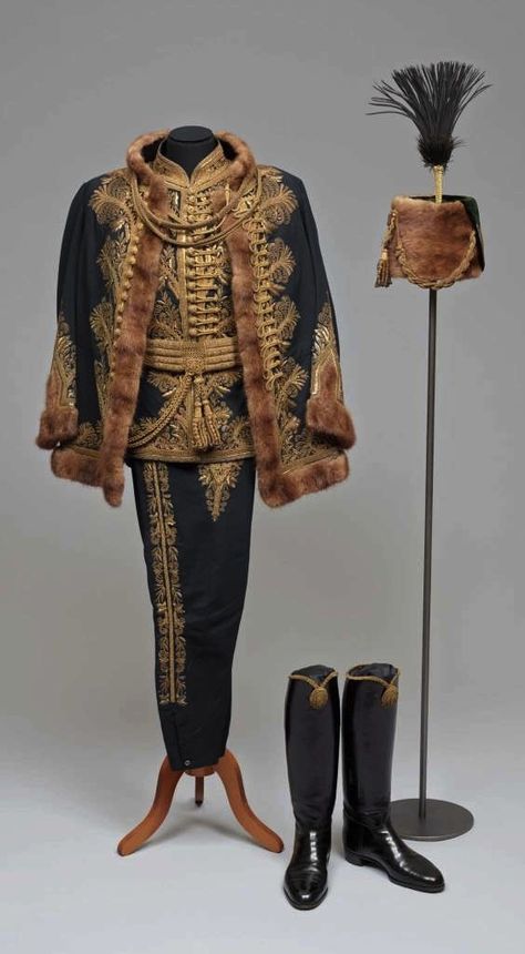 Hungarian Dress Uniform of a Privy Councilor, Vienna, c. 1918. Cloth, silk, velvet, gold embroidery, gold passementerie, gold braid, mink, heron and ostrich feathers, gold-plated metal, and patent leather. Collection of Kunsthistorisches Museum. Hungarian Dress, Imperial Clothing, Court Attire, Kunsthistorisches Museum Wien, Kunsthistorisches Museum, Court Dresses, Mode Inspo, Military Uniform, Historical Clothing