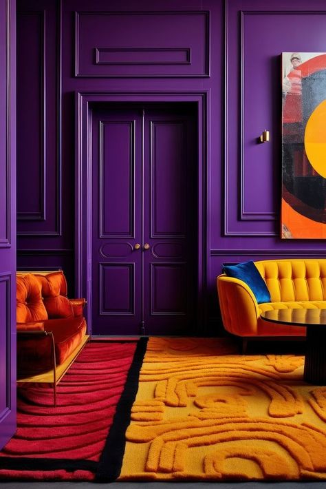 Living room furniture purple yellow. AI generated Image by rawpixel. | free image by rawpixel.com / Save Dark Purple Room, Violet Living Room, Living Room Colour Design, Colors With Yellow, Purple Living Room Ideas, Purple Interior Design, 70s Interior Design, Art Deco Room, Purple Furniture