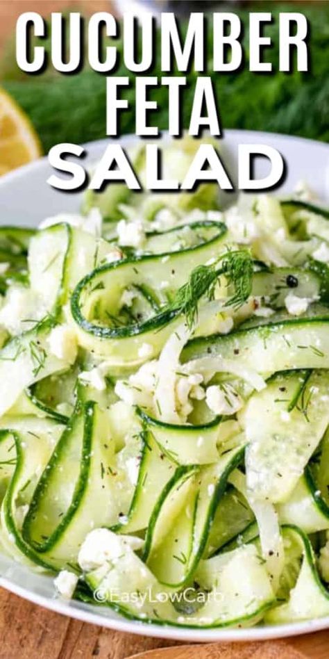 Cucumber Feta Salad is an easy side dish or lunch salad to serve this summer. Cucumber ribbons tossed with a simple olive oil & dill dressing, is sprinkled with feta cheese. It's a low carb, keto friendly dish that everyone will love! #easylowcarb #cucumberfetasalad #cucumbersalad #withfeta #summersalad #sidedish #healthyrecipe #ketorecipe #lowcarb Raw Cabbage Salad Recipes, Recipes With Cucumbers In It, Cucumber Ribbons, Healthy Cucumber Salad, Feta Cucumber, Cucumber Feta Salad, Dill Dressing, Lunch Salad, Salad With Feta