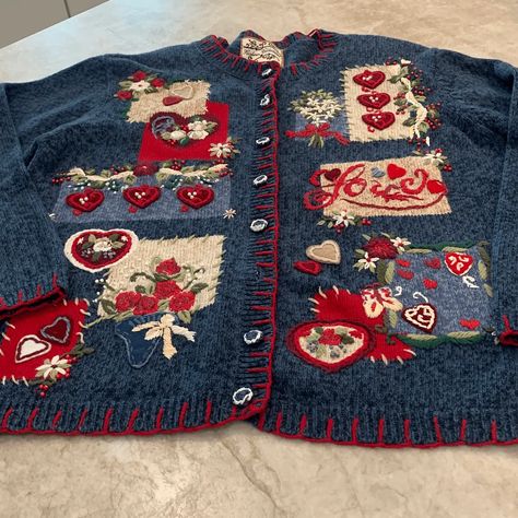 Vintage Grandma’s Heart Cardigan Sweater | eBay Blue Fall Sweater, Autumn Patchwork Cardigan, Vintage Christmas Sweater Outfit, Grandmacore Clothes, Vintage Christmas Aesthetic Cozy, Grandma Cardigan Outfit, Grandma Accessories, Grandma Clothes Aesthetic, Grandma Chic Fashion