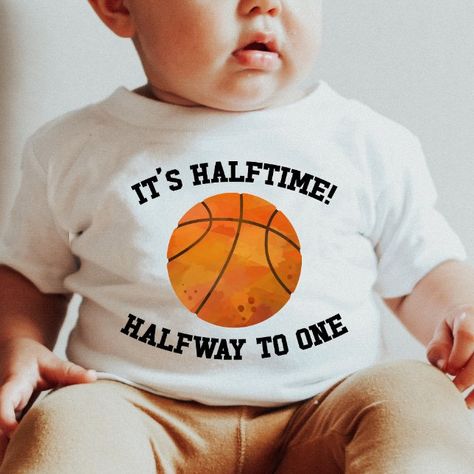 babyonebirthdayhalfhalfwaysportsbasketballhalftimetshirtshirt Racing To One Half Birthday, Baby Boy Half Birthday Ideas, 1/2 Birthday Ideas, 6month Photoshoot, Half Birthday Ideas For Boys, 1/2 Birthday, Half Birthday Baby Boy, Halfway To One, Basketball Themed Birthday Party