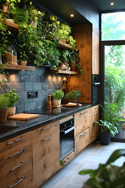 Library Kitchen Combo, Kitchen With Indoor Garden, Kitchen Ideas Plants, Small Green Kitchen Ideas, Popular Everything 2024, 1 Wall Kitchen, Kitchen With Green Walls, Kitchen Ideas Cozy, Kitchen Plants Decor