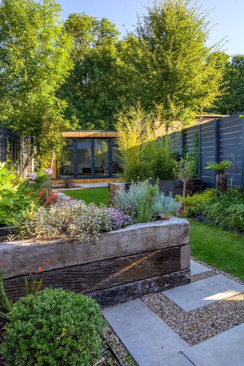 Sleeper Planters, Terraced House Garden, Modern Cottage Garden, Railway Sleepers Garden, Strawberry House, Mediterranean Garden Design, Urban Garden Design, Small Garden Landscape, Narrow Garden