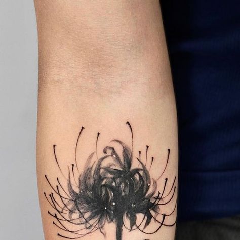 Baron Art Tattoo Studio on Instagram: "🌺Spider Lily with brushstroke🌺 Tattoo done by our resident artist @sansa.jr.tattoo in El Monte location . . #tattoo#tattoos#tattooideas#tattooshop#tattoostudio#tattoostyle#tattooart#tattoolife#tattooink#tattoolove#tattooworkers#tattoowork#tattootime#tattooing#tattoodo#artist#latattooartist#bodyart#bodyarttattoo#brushstroketattoo" Creepy Flower Tattoo Designs, French Flower Tattoo, Spider Chrysanthemum Tattoo, Spider Lilly Tatoos Design, Spider Lily Tattoo Black, Brushstroke Tattoo, Jr Tattoo, Location Tattoo, Spider Lily Tattoo