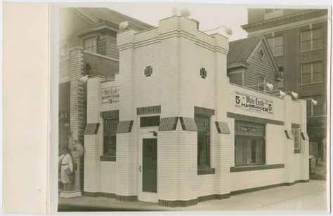 Exterior view of White Castle number 2. Located at 550 East Fordham Rd. (at Lorillard Place) in New York, New York (Bronx). It is the oldest White Castle in the New York area. Opened August 10, 1930. It was closed and replaced on November 14, 1960. White Castle sign reads 5 cent hamburgers. White Castle Restaurant, White Castle Hamburgers, White Castle Burgers, Covington Kentucky, Covington Ky, Kimberly Ann, Vintage Diner, White Castle, Vintage Menu