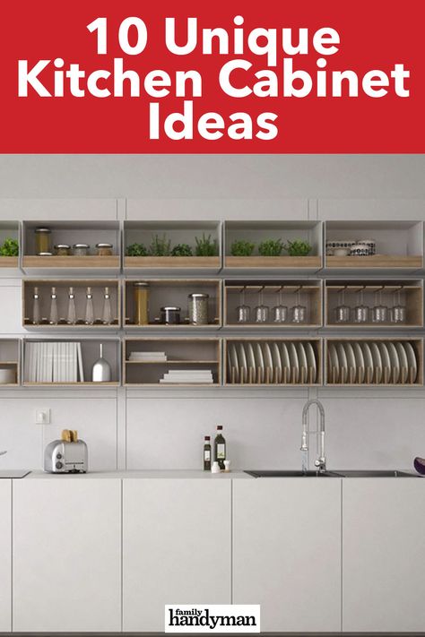 10 Unique Kitchen Cabinet Ideas One Wall Kitchen No Upper Cabinets, Unique Kitchen Cabinets Diy, Alternatives To Kitchen Cabinets, Modular Kitchen Cabinets Inside, Speciality Kitchen Cabinets, Kitchen Cabinets Alternatives, Creative Kitchen Cabinets Ideas, Unique Cabinet Ideas, No Wall Cabinets Kitchen