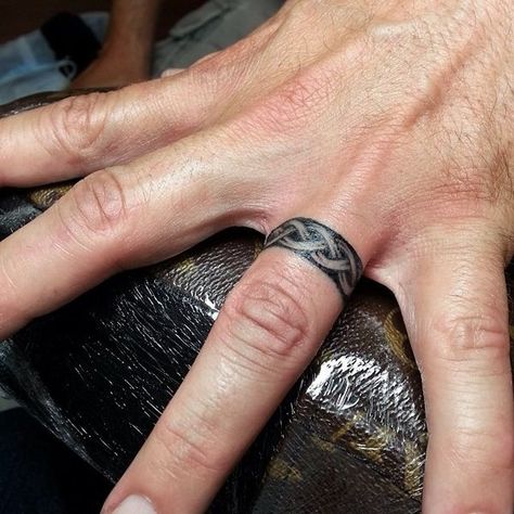 Celtic Knot Ring Tattoo, Ring Tattoo Designs For Man, Wedding Finger Tattoo For Men, Mens Ring Tattoo Wedding, Celtic Wedding Ring Tattoo, Ring Tattoos Men, Men’s Wedding Band Tattoo, Tattoo Rings For Men, Mens Ring Tattoo