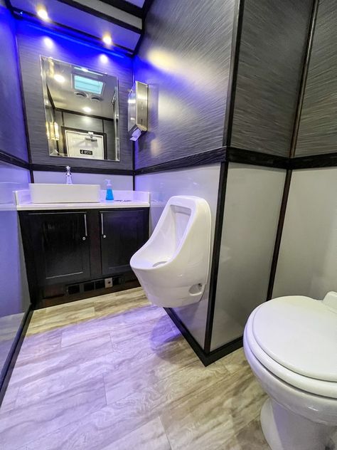 Luxury Legacy 3 Stall Restroom Trailer — LTD Luxury Restroom Trailers Restroom Interior, Bathroom Trailer, Luxury Restroom, Restroom Trailer, Portable Restrooms, Portable Bathroom, Modern Led Lighting, Light Wood Floors, Glass Backsplash