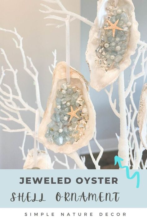 Ideas For Oyster Shells, Oyster Shell Xmas Decorations, Decorating Oyster Shells, Seashell Angels Diy, How To Make Oyster Shell Christmas Tree, Christmas Crafts With Seashells, Summer Ornaments Diy, Wedding Oyster Shells, Glass And Resin Art Projects