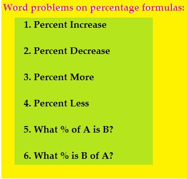 WORD PROBLEMS ON PERCENTAGES BASED ON PERCENT FORMULAS  1. Percent Increase.  2. Percent Decrease.  3. Percent More.  4. Percent Less 5. What % is A of B?  6. What % of B is A?  7. Overall percent change after successive percent changes in a Number. Percent Of A Number, See Think Wonder, Percentages Math, 1 Percent, Math Questions, 7th Grade Math, Math Methods, Math Tricks, School Math