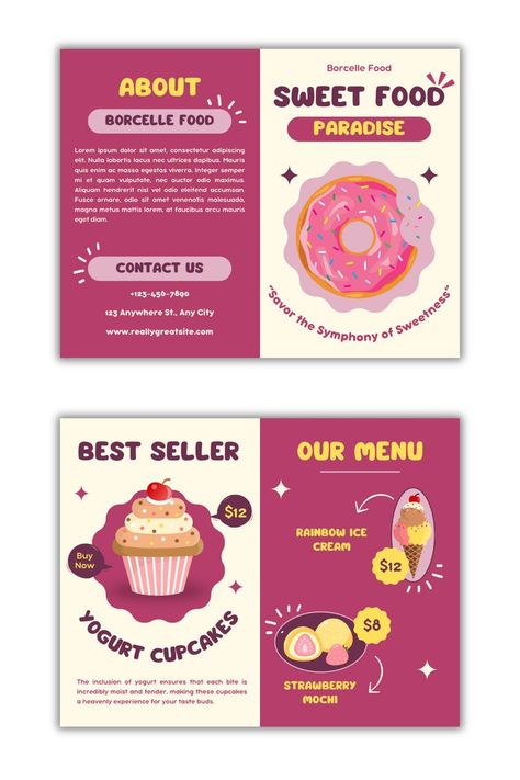 "An elegant bifold brochure design featuring sweet food items, with vibrant images and clean typography, perfect for marketing desserts and treats." Event Brochure Design, Colorful Brochure, Bifold Brochure Design, Yogurt Cupcakes, Brochure Food, Event Brochure, Marketing Events, Rainbow Ice Cream, Food Branding