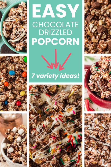 EASY Chocolate Drizzled Popcorn (7 variety ideas!) - The American Patriette Drizzled Popcorn, Chocolate Drizzled Popcorn, Peppermint Popcorn, White Almond Bark, Christmas Popcorn, Chocolate Popcorn, Christmas Sprinkles, Toffee Bits, Almond Bark