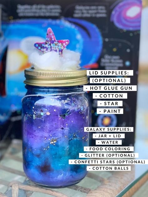 “Glittering Galaxies” in a jar! * Add 1” water, food coloring, cotton balls, & glitter.  * Add another 1” of water, a DIFFERENT color, cotton balls and glitter.  *Keep alternating until you fill up the jar. VOILA! Galaxy Mason Jar, Food Platters Party, Galaxy In A Jar, Diy Galaxy Jar, Magical Crafts, Calm Down Jar, Space Theme Preschool, Vacation Bible School Craft, Meals For Kids