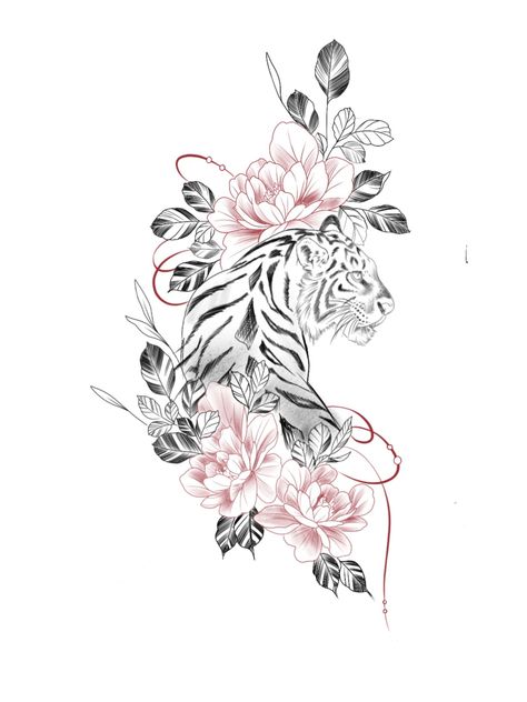 Spine Coverup Tattoos For Women, Girly Tattoos Shoulder, Name Cover Up Tattoos For Women Hip, Leopard With Flowers Tattoo, Lion Back Tattoo Women, Tiger And Flower Tattoo, Floral Tiger Tattoo, Tiger With Flowers Tattoo, Thigh Piece Tattoos