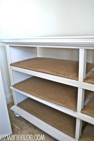 Remove tracking, add fabric covered boards, insert into drawer space Dresser To Shelves, Cover Shelves, Diy Dresser Drawers, Dresser Shelves, Striped Walls, Diy Dresser, Farmhouse Front, Dresser Makeover, Old Dressers