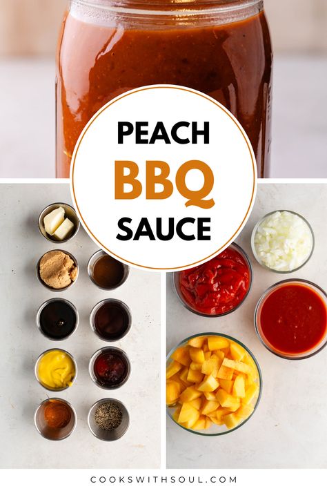 Our Southern Peach BBQ Sauce is made with fresh peaches, and a base of tomato, vinegar, brown sugar, molasses, garlic, onion and various seasonings. It's our favorite recipe for grilled meats like chicken, pork, and ribs! Peach Bbq Sauce Recipe, Bourbon Bbq Sauce Recipe, Peach Bbq, Southern Bbq, Peach Whiskey, Grilled Meats, Like Chicken, Fresh Peaches, Bbq Sauce Recipe